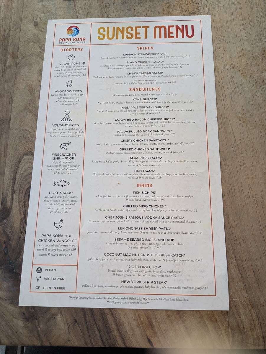 Papa Kona Restaurant & Bar Menu - Image 1